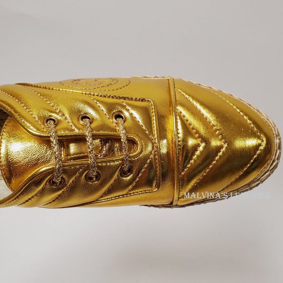 GUCCI SHOES PILAR GOLD LEATHER GG PLATFORM ESPADRILLE LACE-UP - Picture 9 of 13